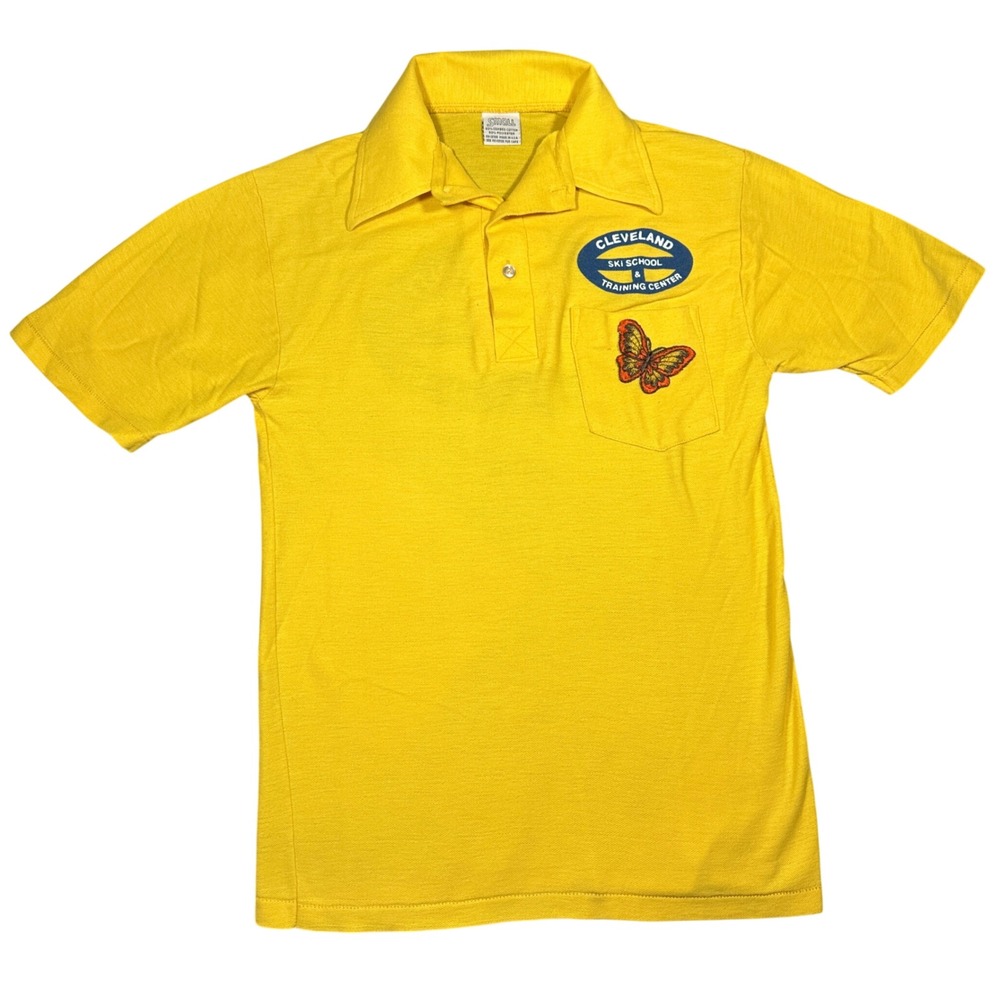 Vtg 70s Cleveland Ski School Yellow Butterfly Collar Polo Shirt Butterfly Patch